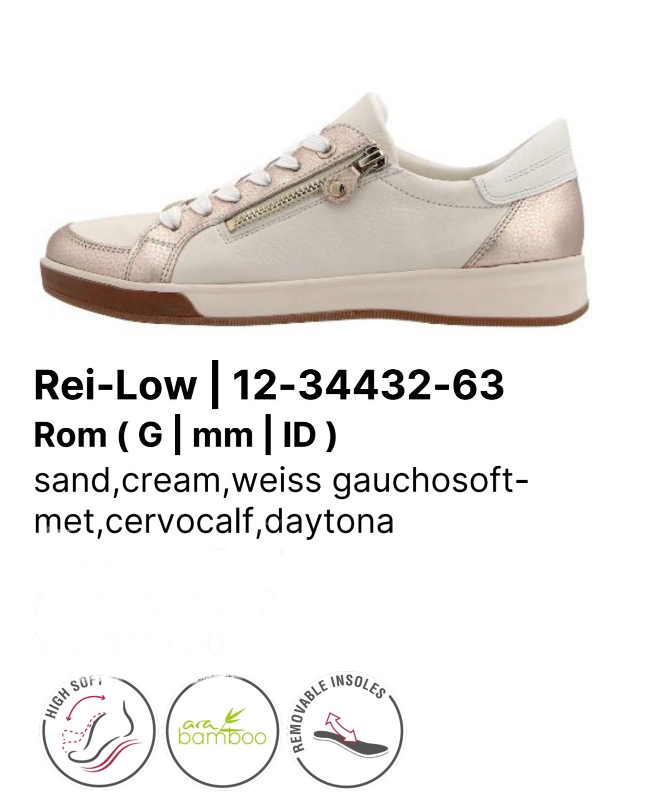 ara 5114-225 REI low sand metallic cream leather