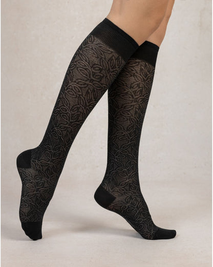 BLF 6528 AR5 BLACK silk-knee-length-foliage-socks