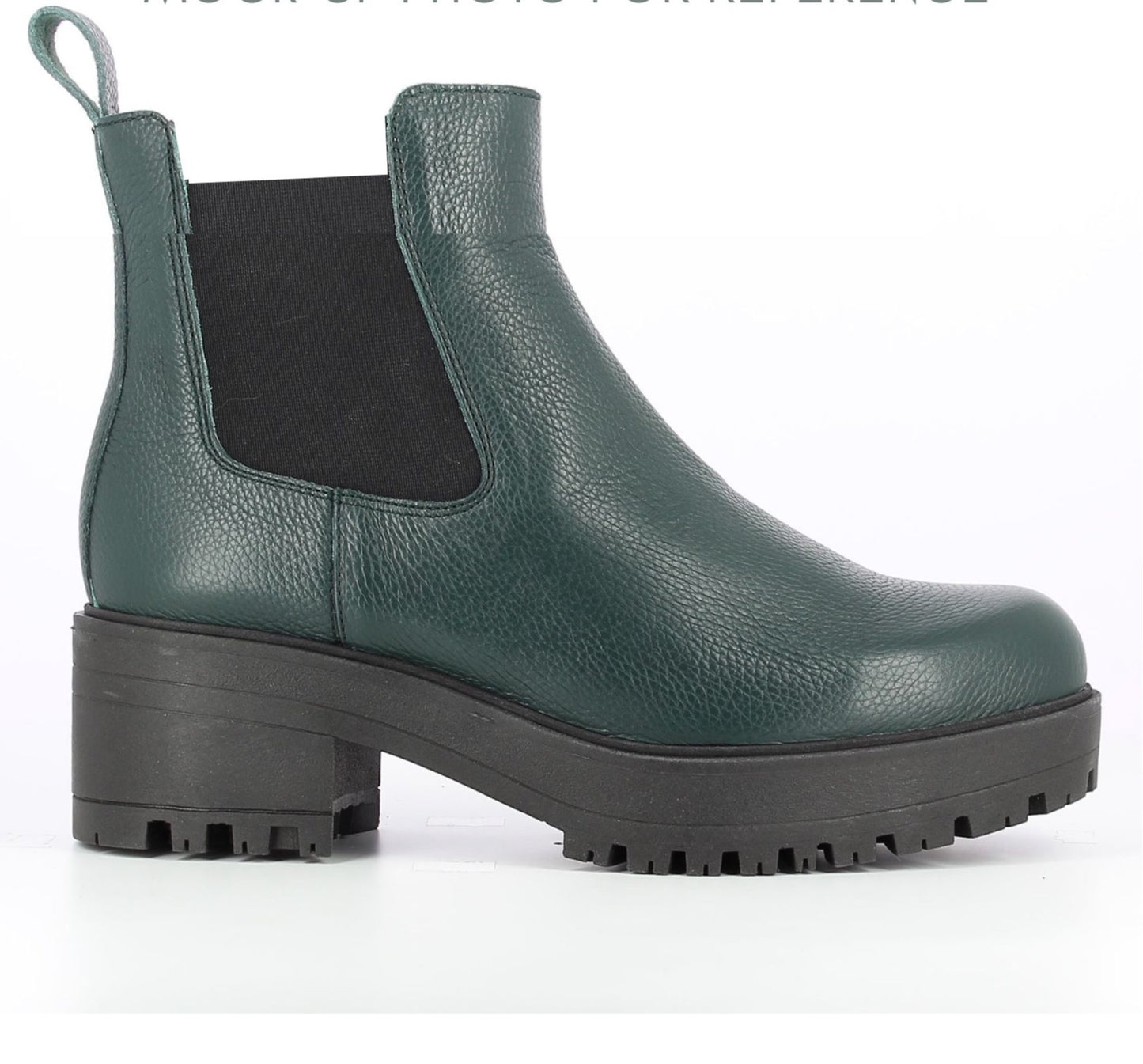 forest green Chelsea boot with a 1 inch platforn 
